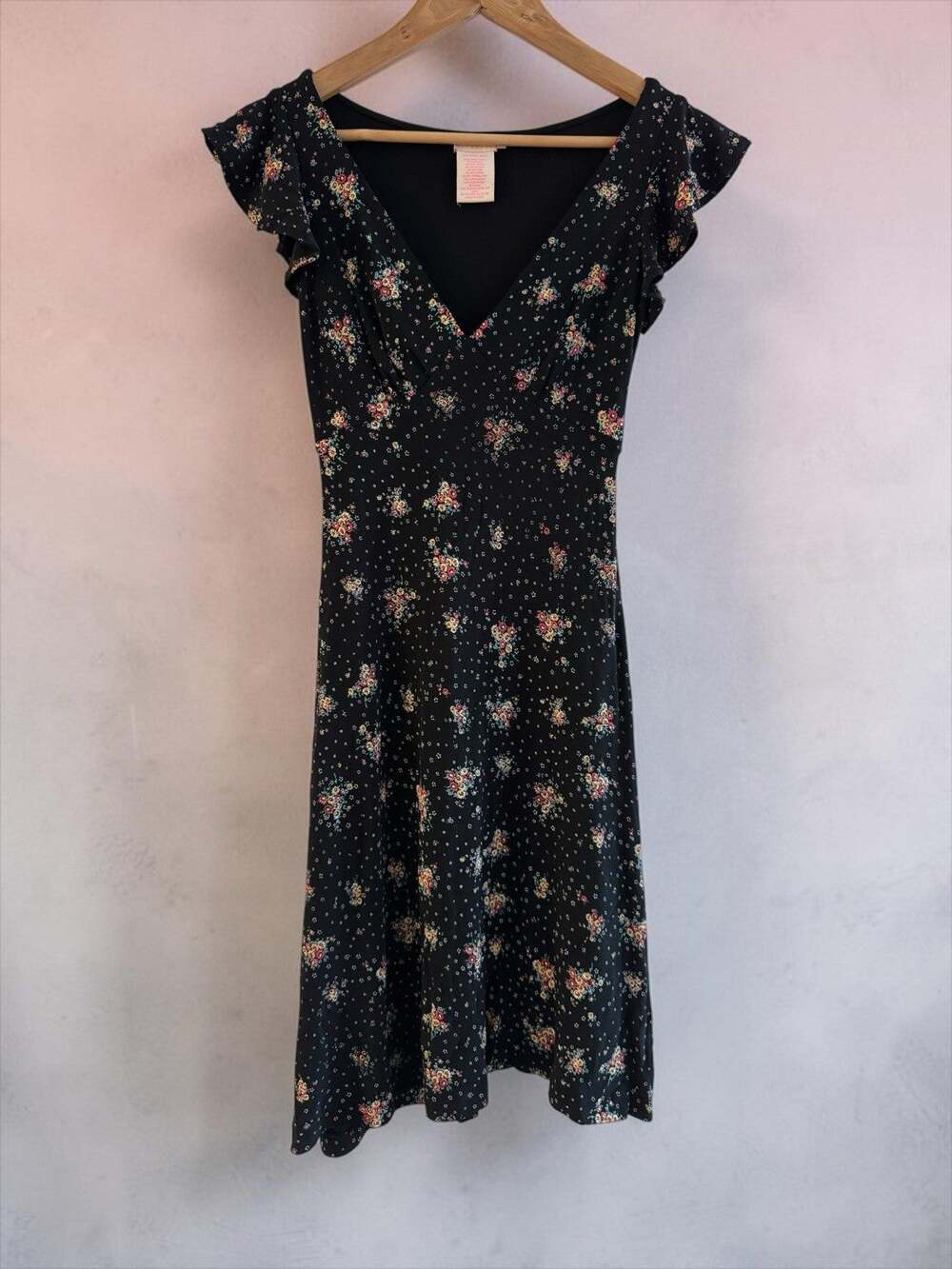Collette Women's Black Floral V-Neck Flutter Sleeve Ruffle Dress Size S Romantic